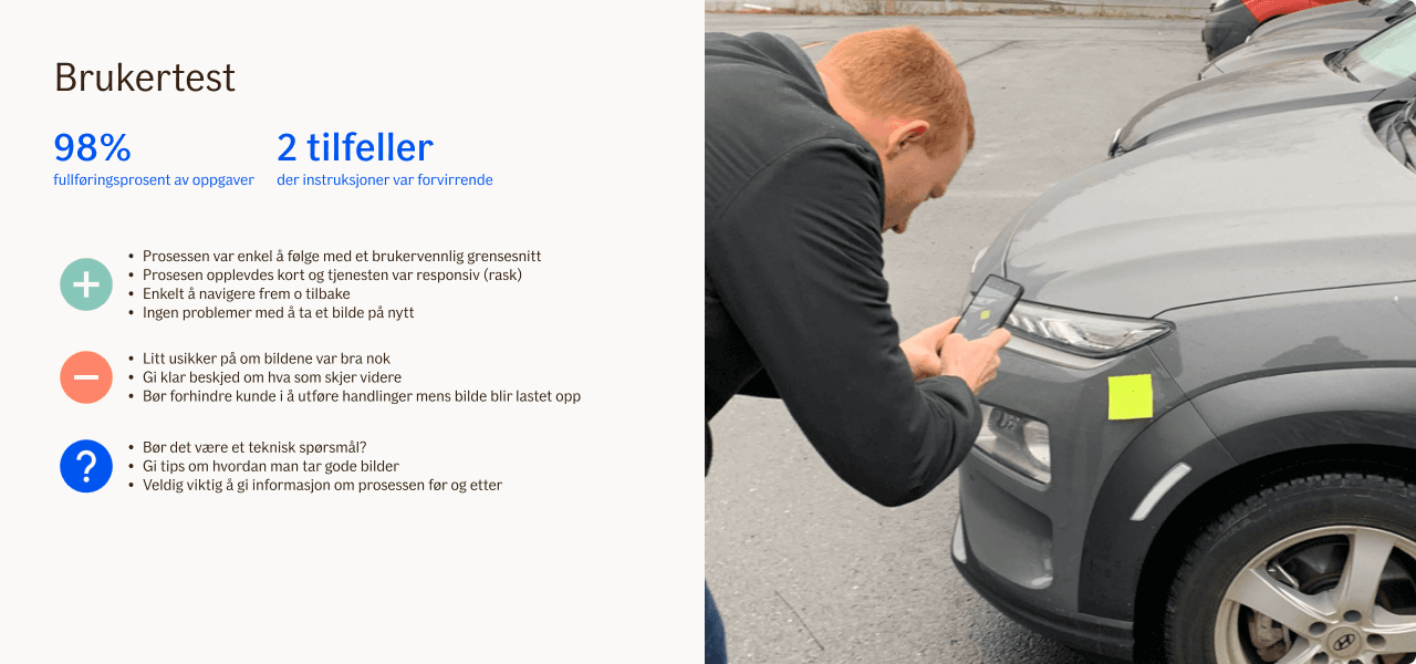 Resultater fra brukertest med fullføringsprosent, funn og foto av testdeltaker som fotograferer bil.
